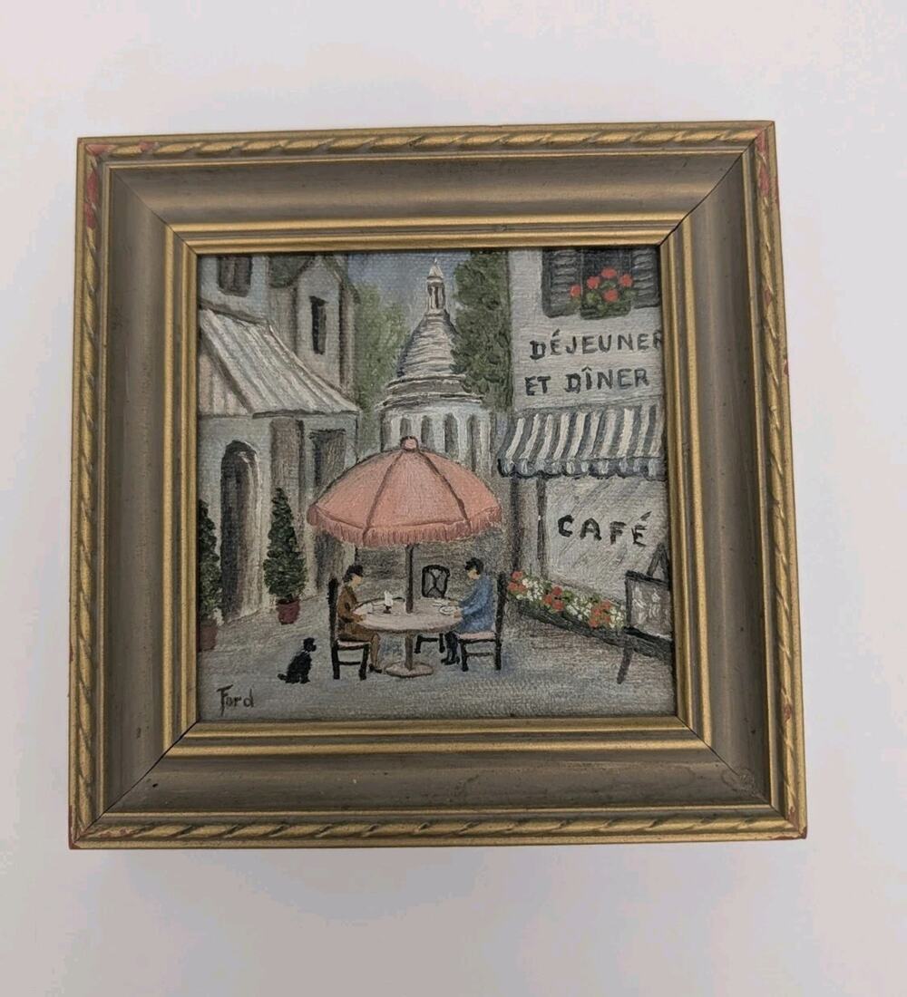 Miniature Signed Paris Café Street Scene Oil Painting Gold Framed Vintage France
